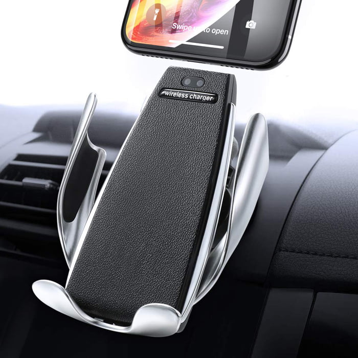 Suport auto cu incarcare wireless 10W, prindere automata, montat pe grila de ventilatie, negru cu argintiu