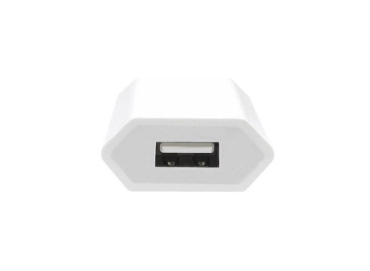 Incarcator USB 1A vedere frontala, port USB tip A detaliat, carcasa alba