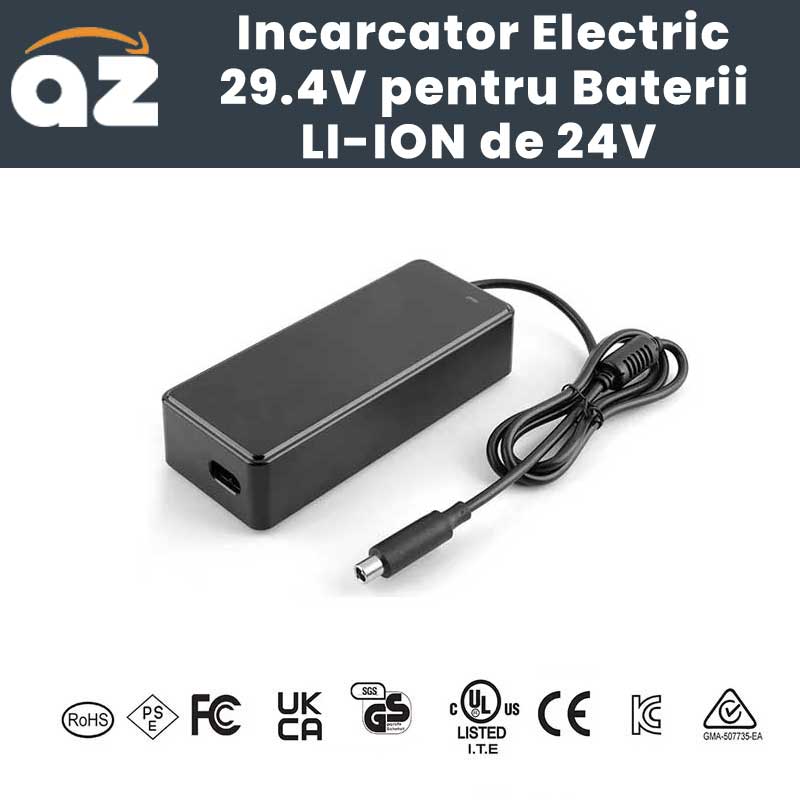 Incarcator electric 29.4V pentru baterii Li-ion 24V, certificari RoHS, CE, UL, FCC, UKCA