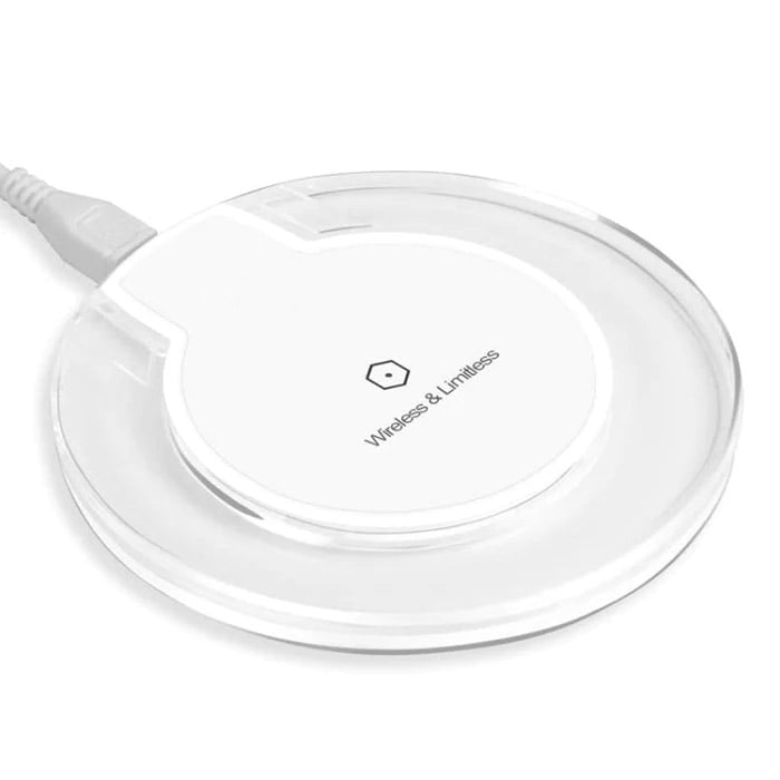 Incarcator wireless rotund plexiglass alb, vedere laterala, cablu micro-USB inclus