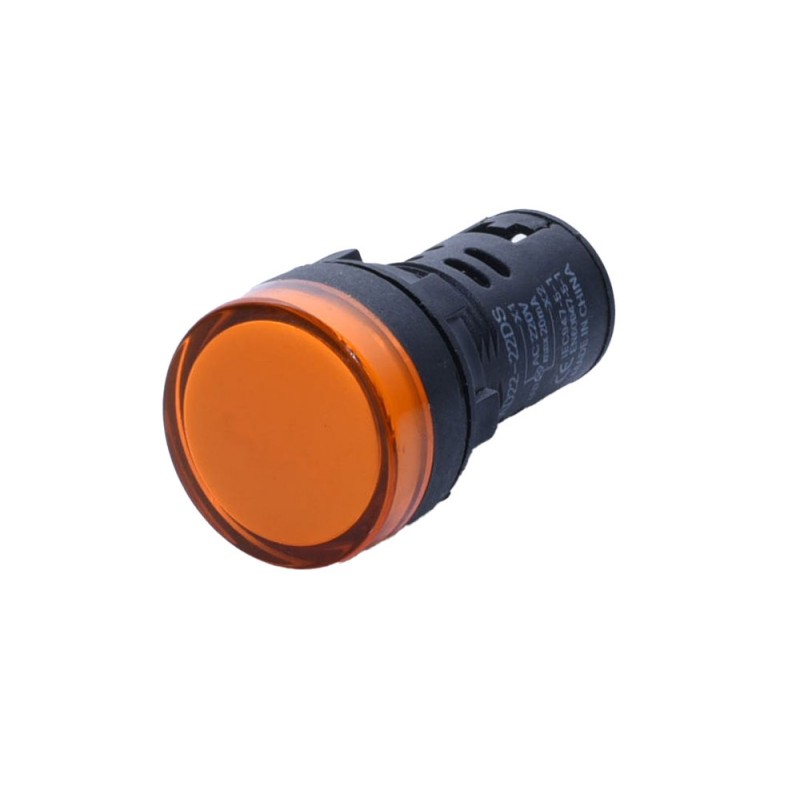 Indicator martor tensiune portocaliu 22mm, vedere lateral-frontal cu lentila mata si carcasa neagra