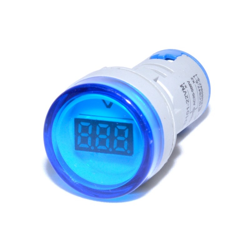 Voltmetru digital LED albastru, 20-500V AC, protectie IP65, montaj 22mm, afisaj cifre mari
