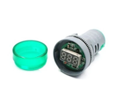 Voltmetru digital verde cu capac detasat, vizibilitate circuit intern si display LED