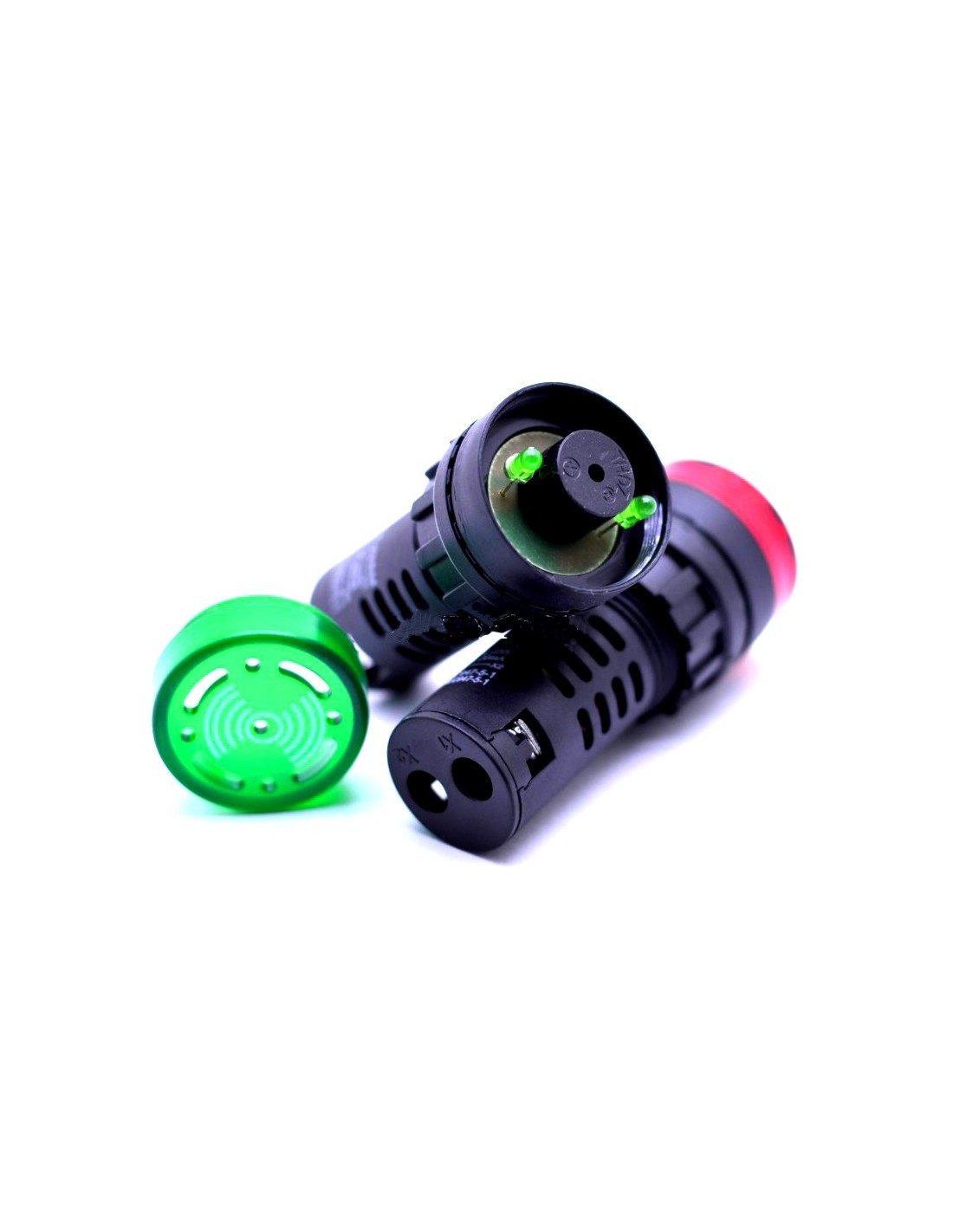 Indicator cu alarma sonora dezasamblat, componente interne vizibile, capac verde detasat