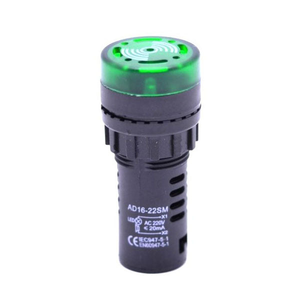 Indicator martor LED verde cu buzzer sonor, 220V AC, 20mA, montaj panou 22mm