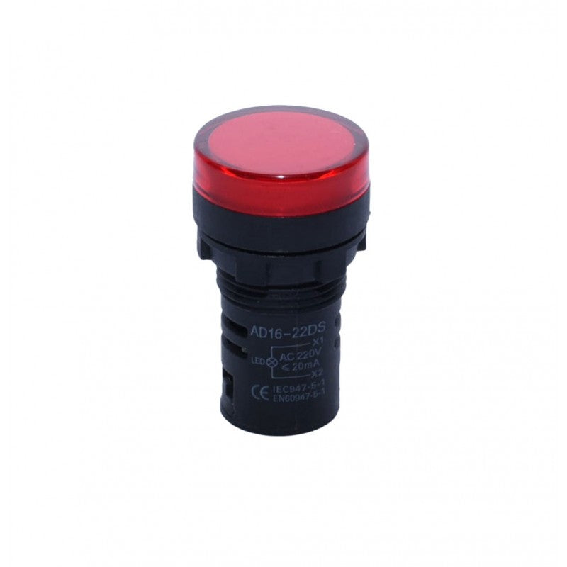 Indicator luminos rosu 220V, vedere frontala cu terminale de conectare vizibile