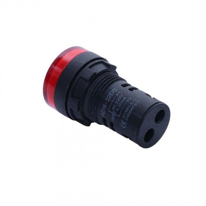 Martor tensiune LED rosu 220V, terminale de conexiune spate vizibile, montaj panou 22mm