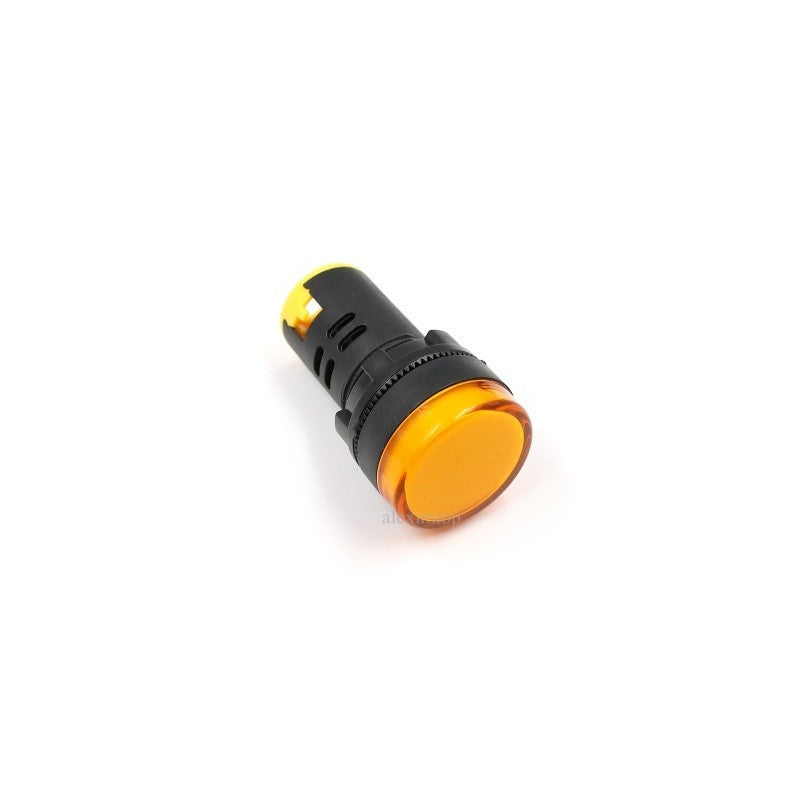 Indicator martor tensiune 220V, unghi frontal cu lentila portocalie portocalie si corp negru cu nervuri