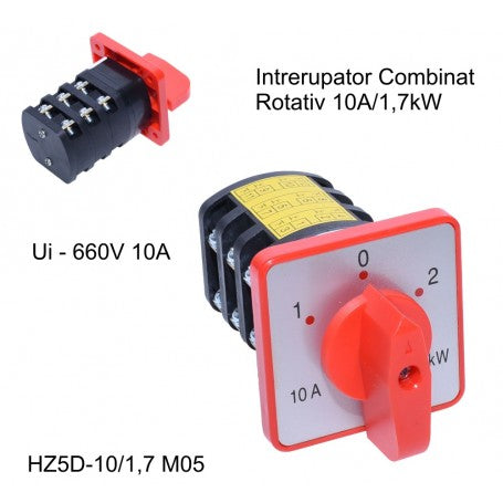 Intrerupator combinat rotativ 10A, 660V, vedere fata si spate cu borne de conectare