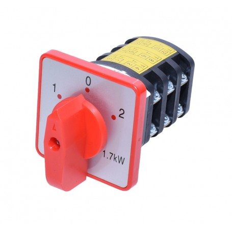 Intrerupator rotativ cu came 1-0-2, 10A, 1,7kW, selector rosu, trei pozitii, montaj panou 51mm