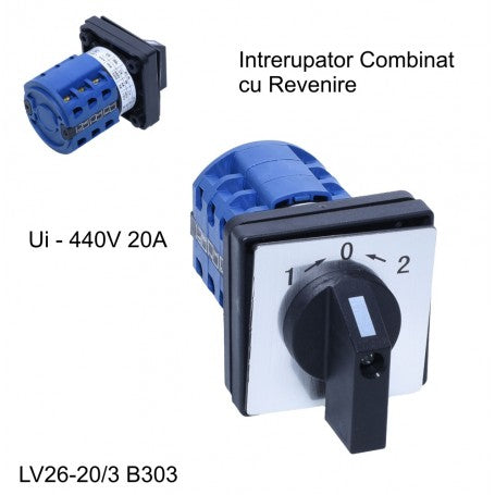 Selector rotativ 20A 440V cu revenire, vedere frontala cu pozitii 1-0-2 si corp albastru