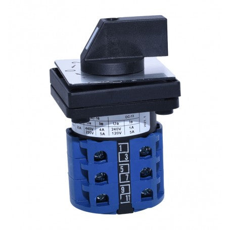 Selector rotativ 20A, vedere inferioara cu borne numerotate si specificatii 440V pe eticheta