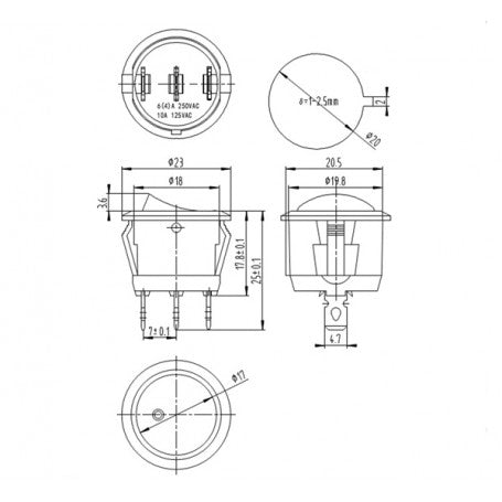 Schita tehnica intrerupator rotund ON-OFF, dimensiuni 23mm diametru, gaura montaj 20mm