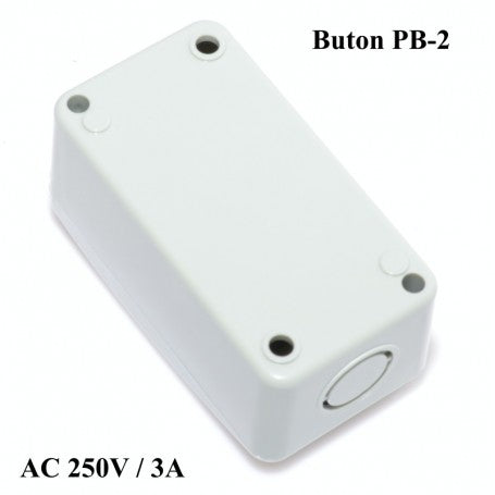 Buton push ON/OFF 250V 3A, vedere spate carcasa compacta alba cu orificiu cablu