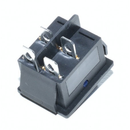 Intrerupator basculant KCD4 vazut din spate, contacte metalice cu 4 pini si indicator LED albastru