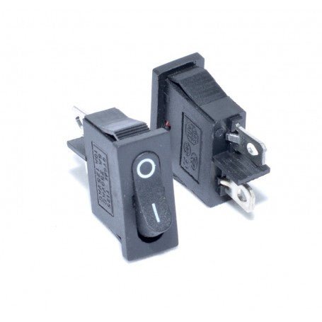 Intrerupator ON-OFF negru 6A 250V vazut din fata si din spate, contacte metalice vizibile