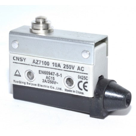 Intrerupator limitator 10A 250V, vedere laterala cu buton metalic si terminal de conectare