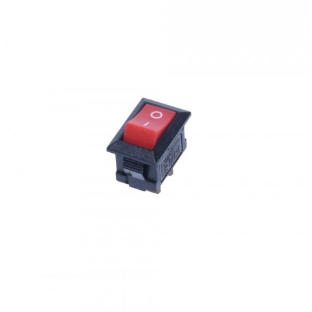 intrerupator mini ON/OFF rosu, vedere din fata usor inclinata, constructie compacta din plastic ignifug