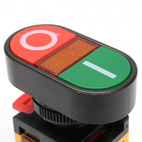 Intrerupator START/STOP detaliu butoane, rosu oprire si verde pornire cu indicator luminos portocaliu