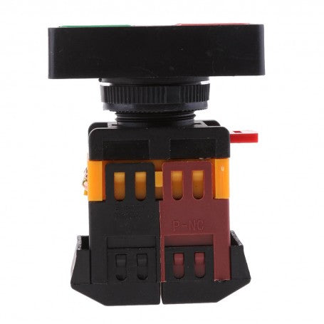 Intrerupator motor ON/OFF 10A vazut din fata, butoane color-coded si bloc contact NO/NC compact
