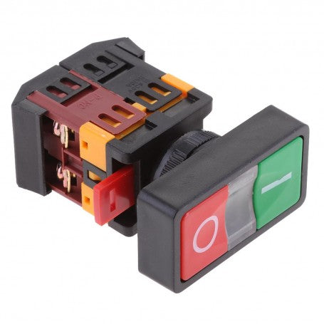 Intrerupator motor ON/OFF IP65, vedere din unghi, butoane rosii si verzi cu conexiuni electrice spate