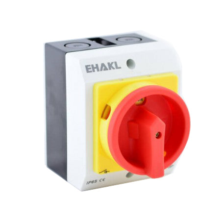 Intrerupator motor ON/OFF 32A IP65, selector rotativ rosu-galben, montaj pe perete sau panou