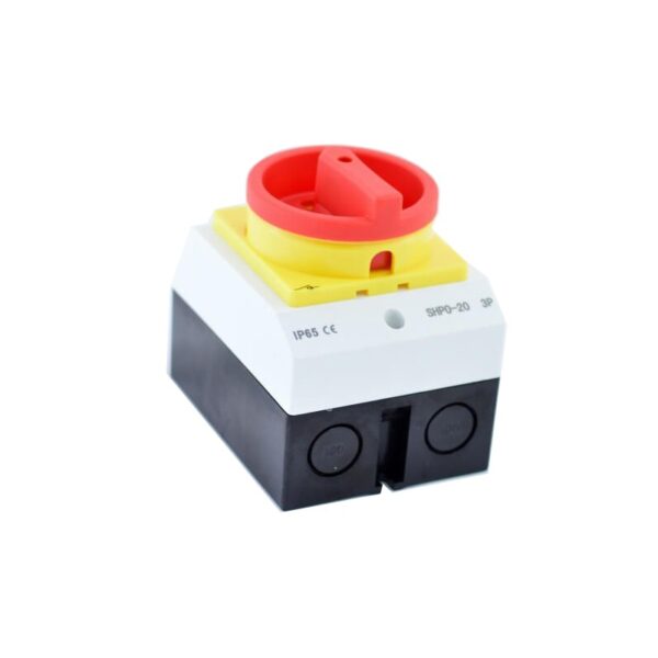 Intrerupator motor 32A IP65 trifazat, vedere spate cu orificii de cablu si eticheta SHPO-20 3P