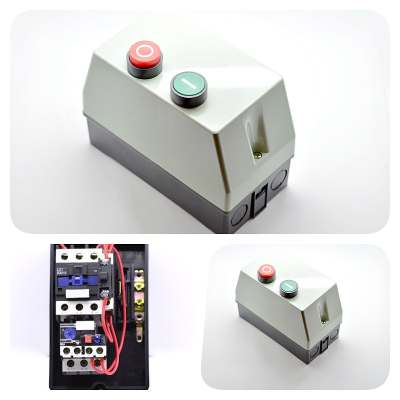 Intrerupator motor cu contactor, vedere interior cu releu termic si vedere exterioara cu butoane de control