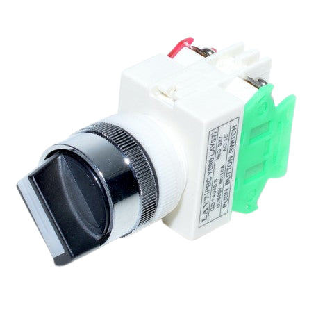 Intrerupator rotativ selector ON-OFF 10A, vedere laterala cu buton metalic negru si corp plastic alb