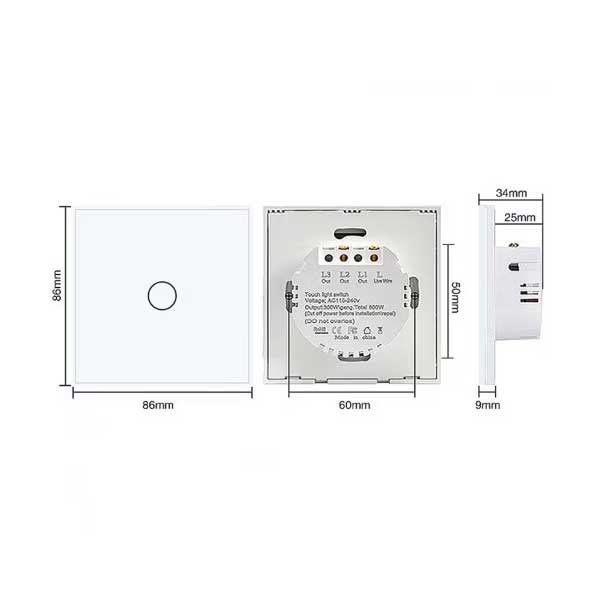 Intrerupator touch 1 gang, dimensiuni 86x86mm, vedere fata, spate si profil cu adancime 9mm