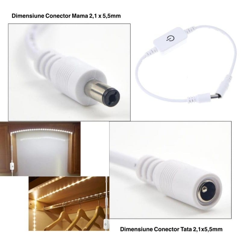 Controller LED tactil cu detalii conectori DC mama si tata 2,1x5,5mm si exemple montaj in dulap