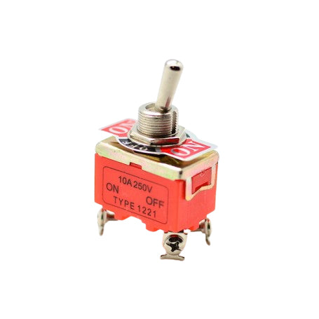 Intrerupator basculant dublu ON-OFF-ON, 15A 250V, tija metalica, contacte cu surub, corp plastic rosu ignifug