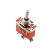 Intrerupator basculant ON-OFF-ON cu tija metalica, 220V 15A, 3 pozitii, carcasa rosie ignifuga, 6 borne cu surub