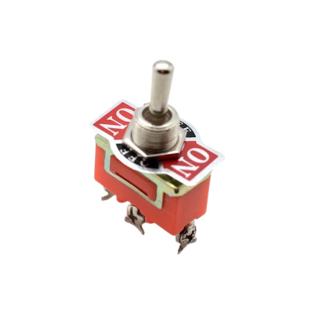 Intrerupator basculant ON-OFF-ON cu tija metalica, 220V 15A, 3 pozitii, carcasa rosie ignifuga, 6 borne cu surub