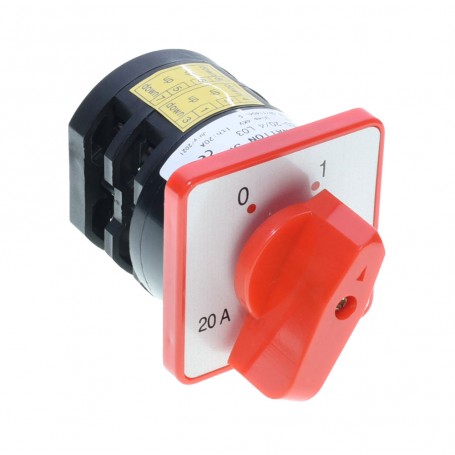 Intrerupator rotativ 0-1 cu 4 came, 20A, 660V, IP42, selector rosu, montaj panou 58mm