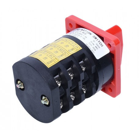 Intrerupator rotativ industrial 660V, vedere laterala cu bloc de contacte si eticheta tehnica