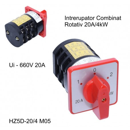Intrerupator combinat rotativ 20A/4kW, vedere laterala si frontala cu specificatii tehnice