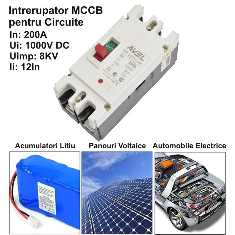 Intrerupator MCCB 200A 1000V DC compatibil panouri solare, acumulatori litiu si vehicule electrice