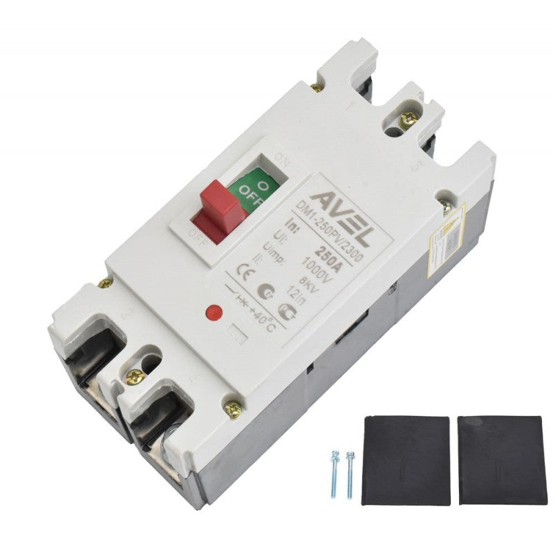 Intrerupator MCCB 250A 1000V DC prezentat cu accesorii incluse: suruburi de fixare si capace protectie borne