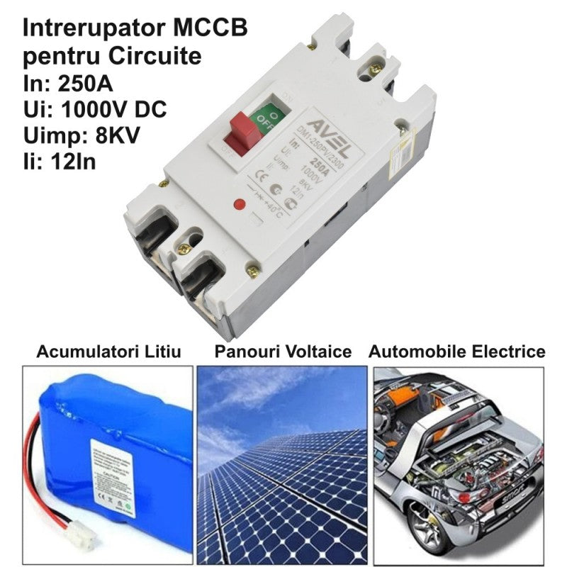Intrerupator MCCB solar 250A 1000V DC, compatibil cu acumulatori litiu, panouri fotovoltaice si vehicule electrice