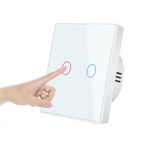 Intrerupator dublu touch actionat cu degetul, indicator LED rosu si albastru pentru stare ON/OFF
