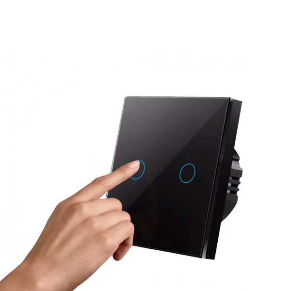 Intrerupator touch cu 2 circuite, actionare prin atingere usoara pe panou sticla neagra
