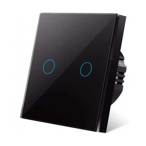 Intrerupator dublu touch negru, panou sticla securizata, IP44, 300W, indicator LED albastru