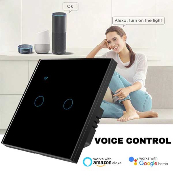 Intrerupator smart dublu touch negru cu control vocal Alexa si Google Assistant