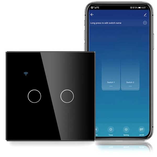 Intrerupator smart dublu touch WiFi negru sticla securizata 10A, control vocal, compatibil Smart Life
