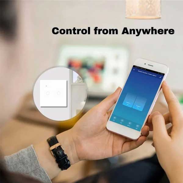 Intrerupator smart dublu 10A controlat remote prin aplicatie mobila, panou tactil din sticla alba