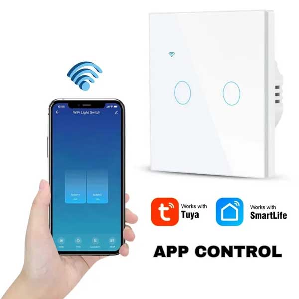 Intrerupator tactil dublu WiFi 10A, compatibil cu aplicatii smart home, control de la distanta