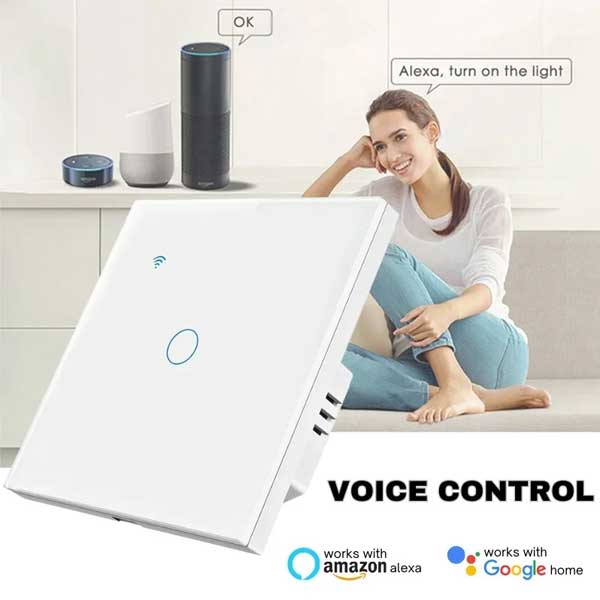 Intrerupator smart WiFi 10A cu control vocal prin asistenti virtuali, panou sticla alb