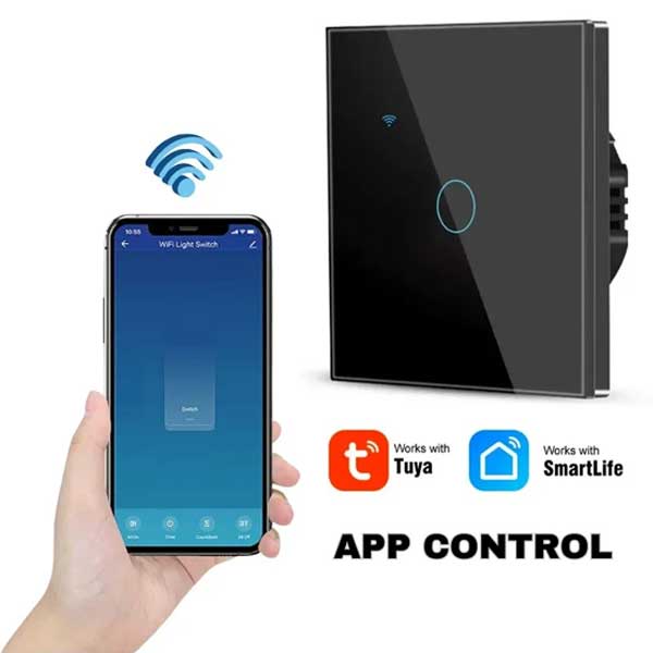 Intrerupator smart touch negru cu control WiFi prin aplicatie, compatibil cu mai multe platforme smart home