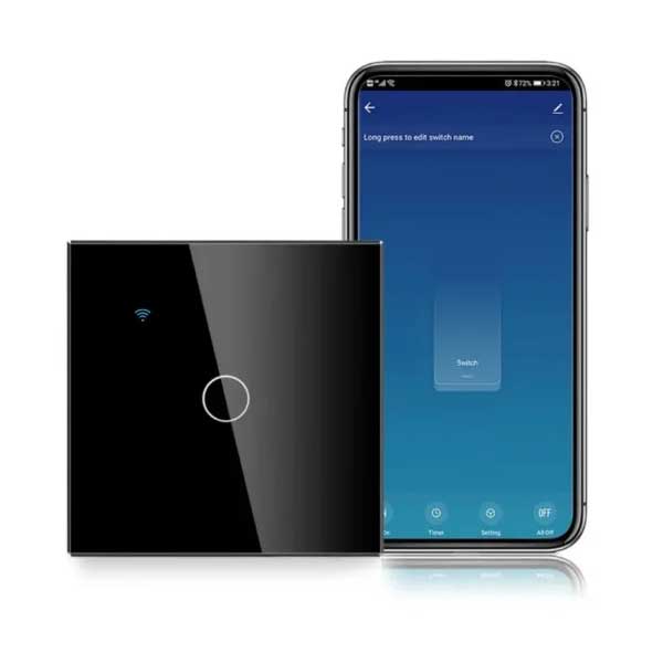 Intrerupator smart touch WiFi 1 gang, panou sticla securizata negru, 10A, control prin aplicatie mobila